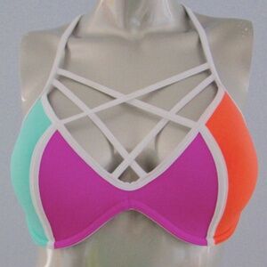 PINK Victorias Secret Nwt Strappy Caged T-Back Citrus Splash Bikini Top L (A-C)